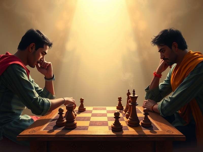 Two players intensely playing checkers online on laptops, with game board overlay