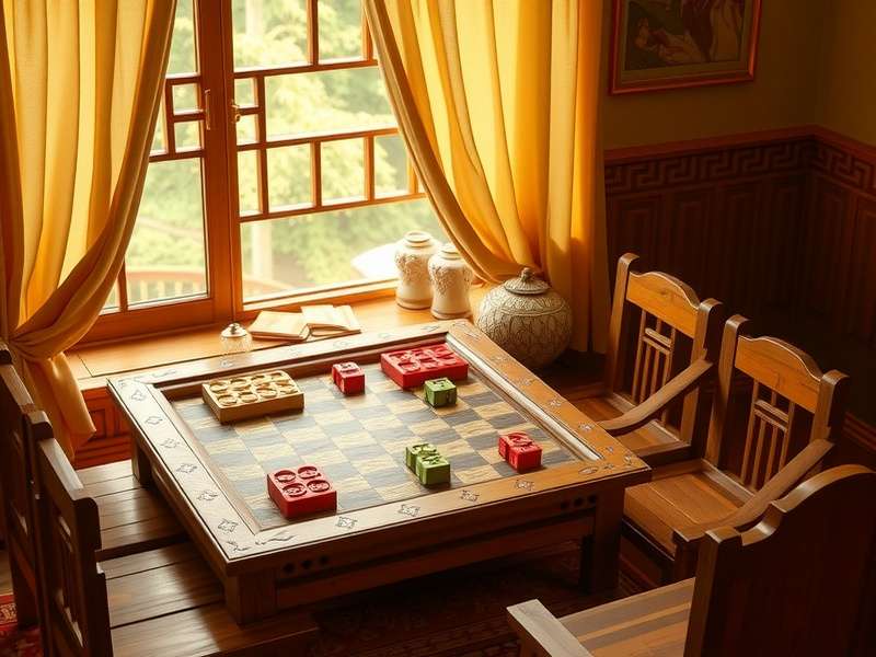 Close-up of Chinese Checkers pieces mid-game with jump chains