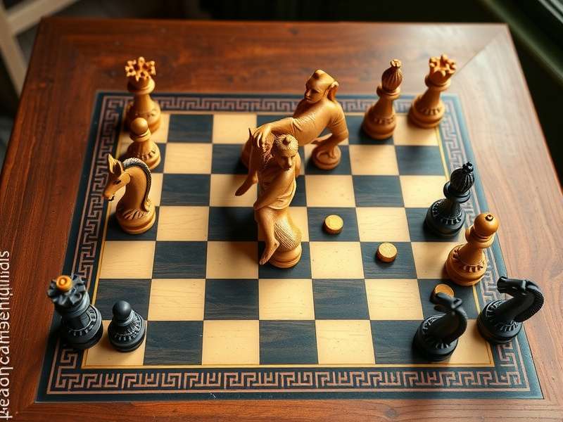 Professional tournament checkers game table setup with wooden board and pieces