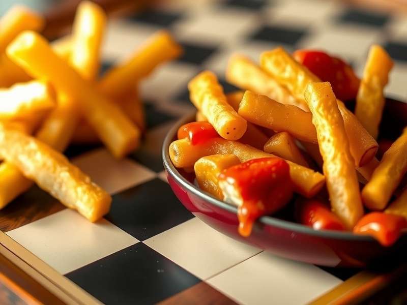 Checkers board game set with a plate of french fries on the side