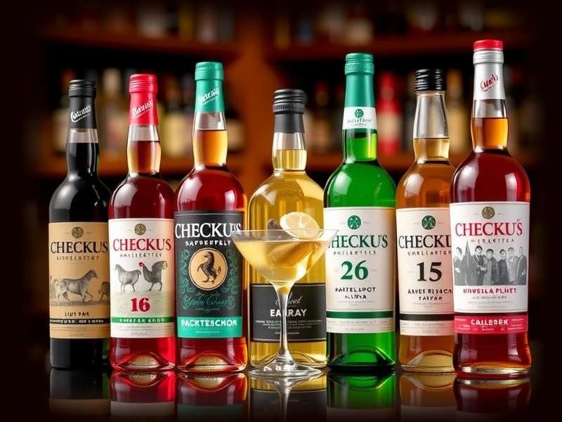 Checkers board game set with a glass of whisky and the Checkers Liquor Specials Catalogue