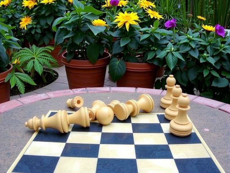 A vibrant outdoor checkers setup on a grassy lawn with giant pieces under golden sunlight